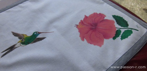 c. d. t. Hibiscus rose et colibri 2 toile utilisée ameublement.