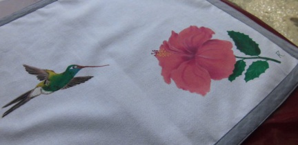 c. d. t. Hibiscus rose et colibri 2 toile utilisée ameublement.